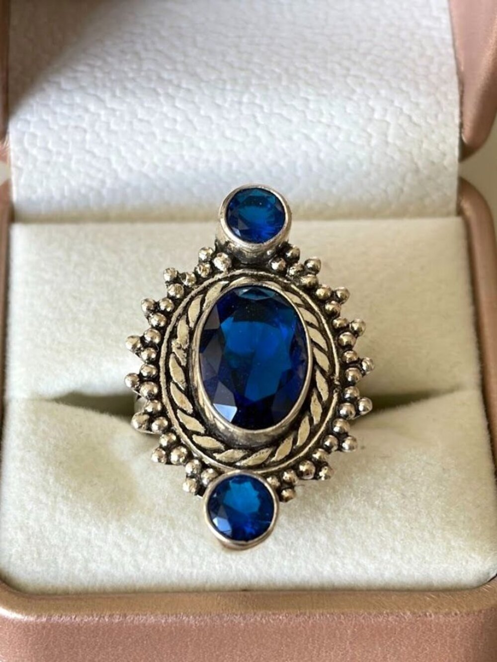 Simulated Blue Sapphire Three Stone Statement Ring 925 Silver Plated - Size 7
